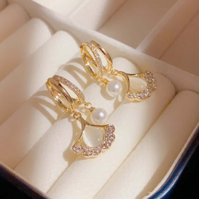 14K Gold Plated Ginkgo Leaf Huggie Earrings with Dangle Pearl