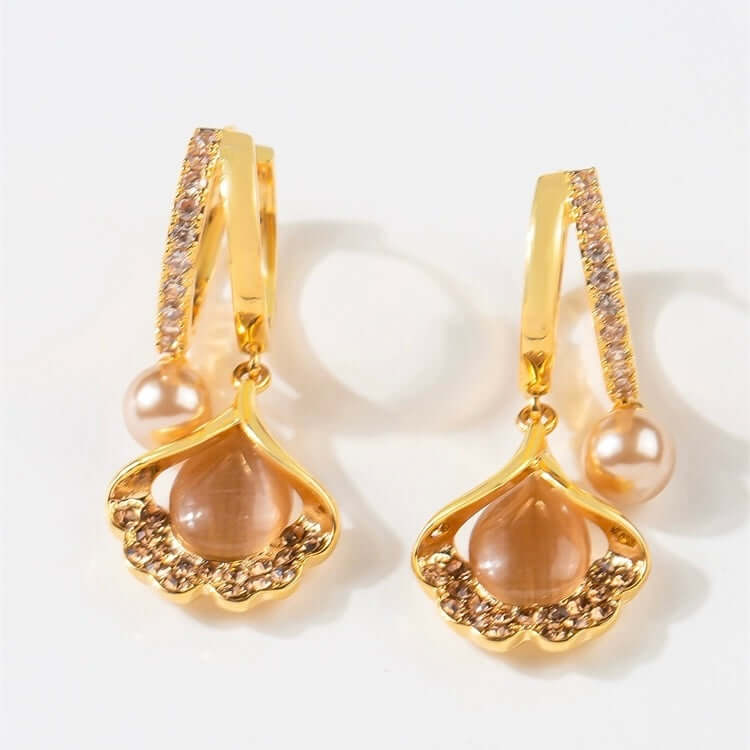14K Gold Plated Ginkgo Leaf Huggie Earrings with Dangle Pearl