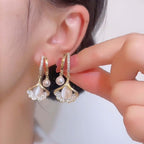 14K Gold Plated Ginkgo Leaf Huggie Earrings with Dangle Pearl