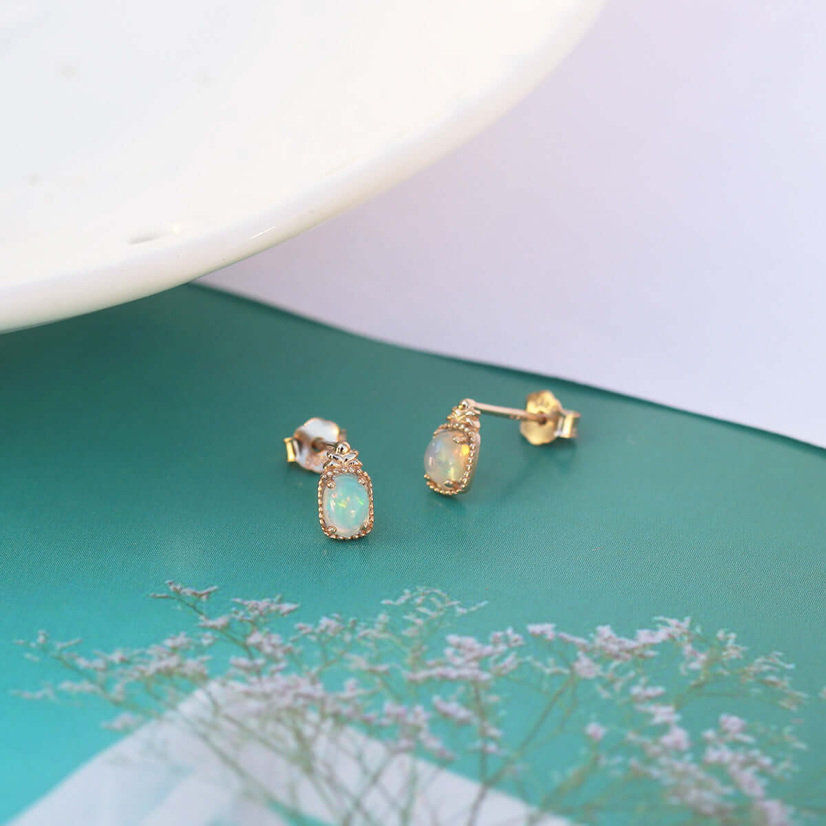 14K Gold Plated Opal Stud Earrings