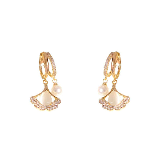 14K Gold Plated Ginkgo Leaf Huggie Earrings with Dangle Pearl