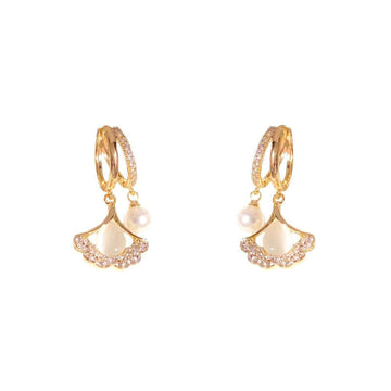 14K Gold Plated Ginkgo Leaf Huggie Earrings with Dangle Pearl
