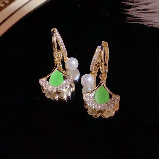 14K Gold Plated Ginkgo Leaf Huggie Earrings with Dangle Pearl
