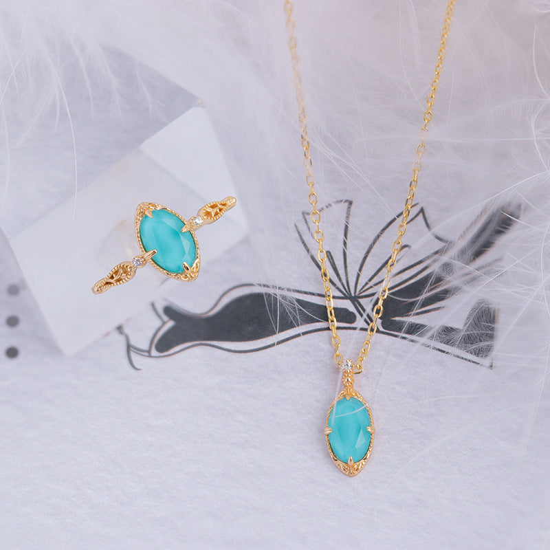 14K Gold Turquoise Quartz Ring Necklace Set