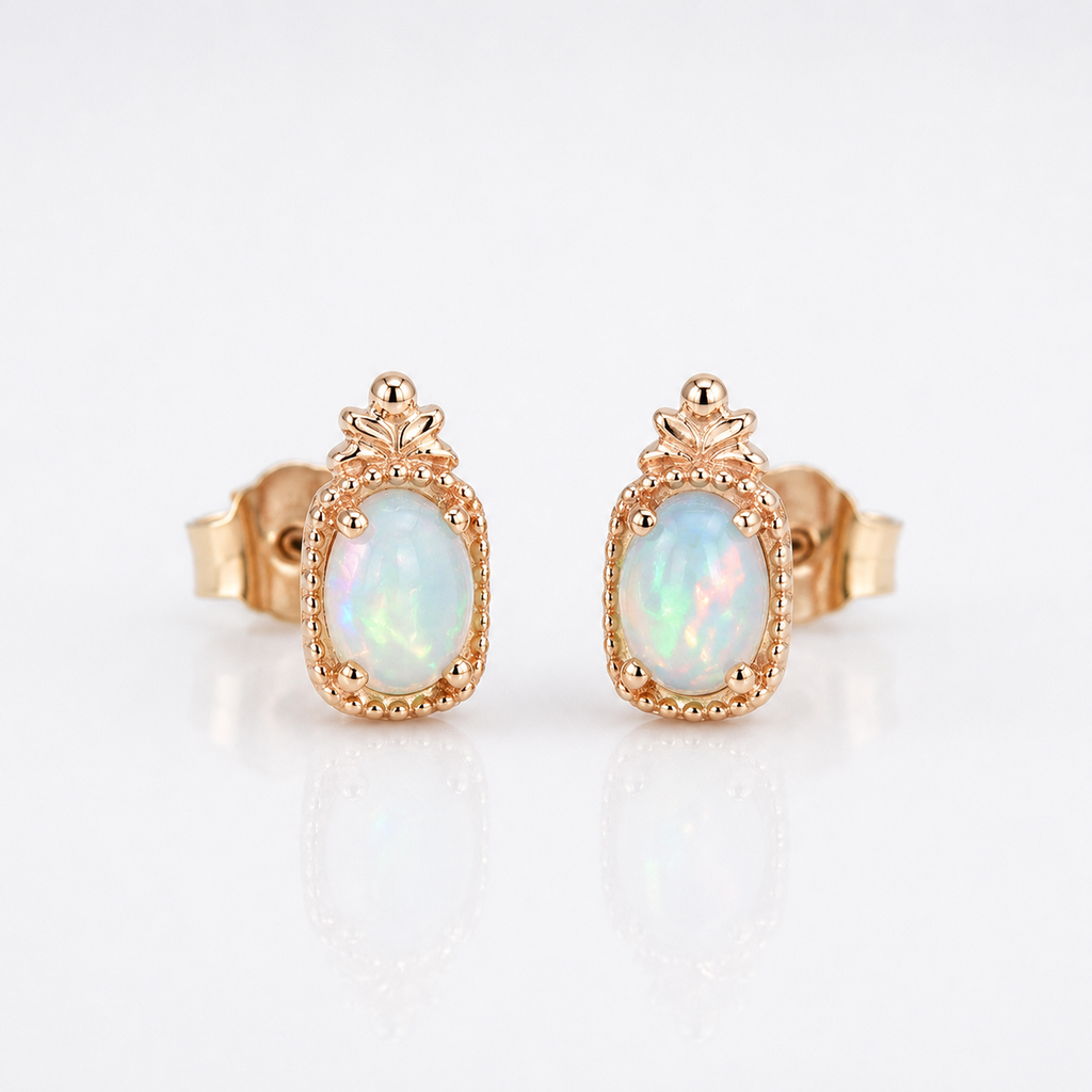 14K Natural Opal Baguette Stud Earrings 