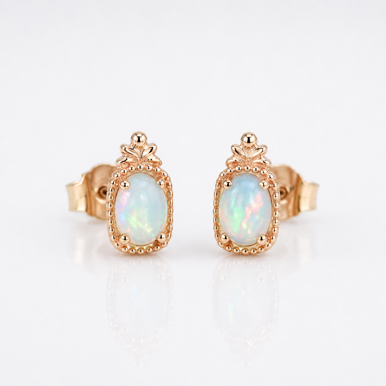 14K Natural Opal Baguette Stud Earrings 