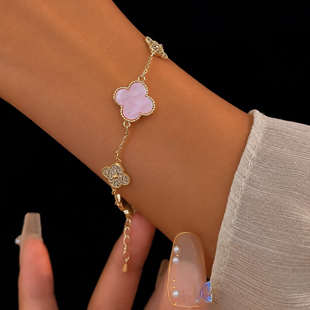 14K Gold Lucky Pink Clover Bracelet
