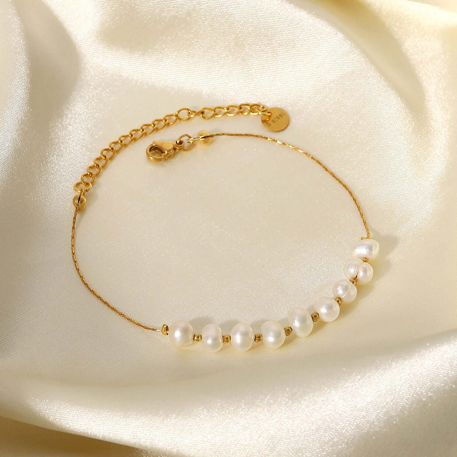 18K Dainty Gold Freshwater Pearl Bracelet, Pearl Chain Bracelet