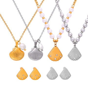 18K Freshwater Pearl Seashell Pendant Earrings Set