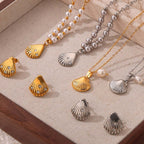 18K Freshwater Pearl Seashell Pendant Earrings Set