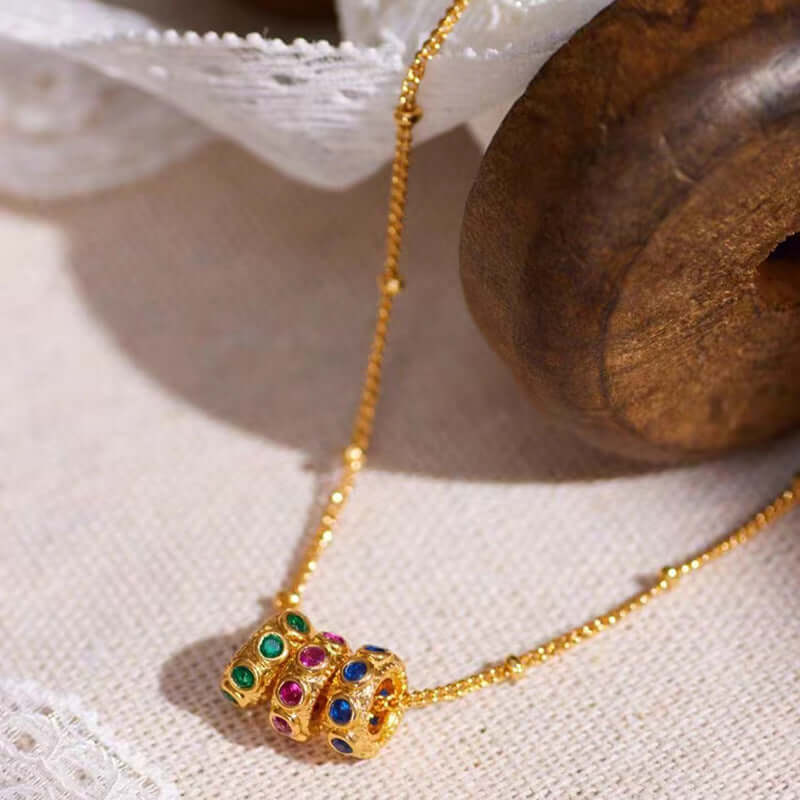 18K Gold Plated Color Rings Charm Necklace