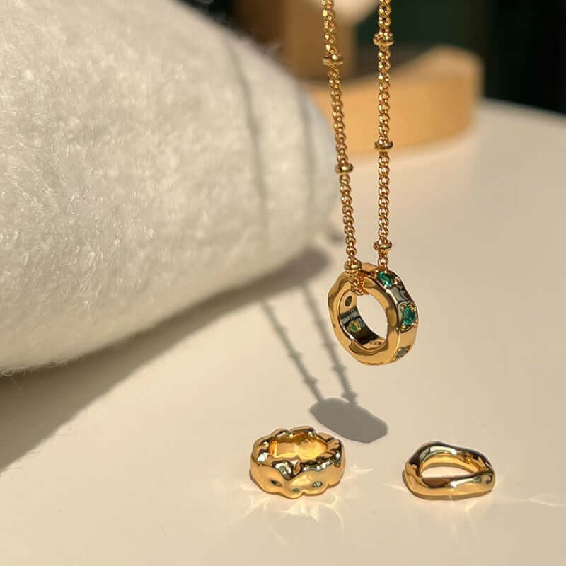 18K Gold Multi Rings Charm Pendant Necklace