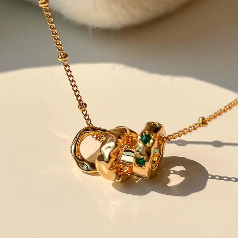 18K Gold Multi Rings Charm Pendant Necklace