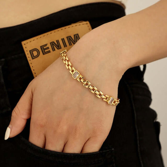 18K Gold CZ Watchband Chain Bracelet