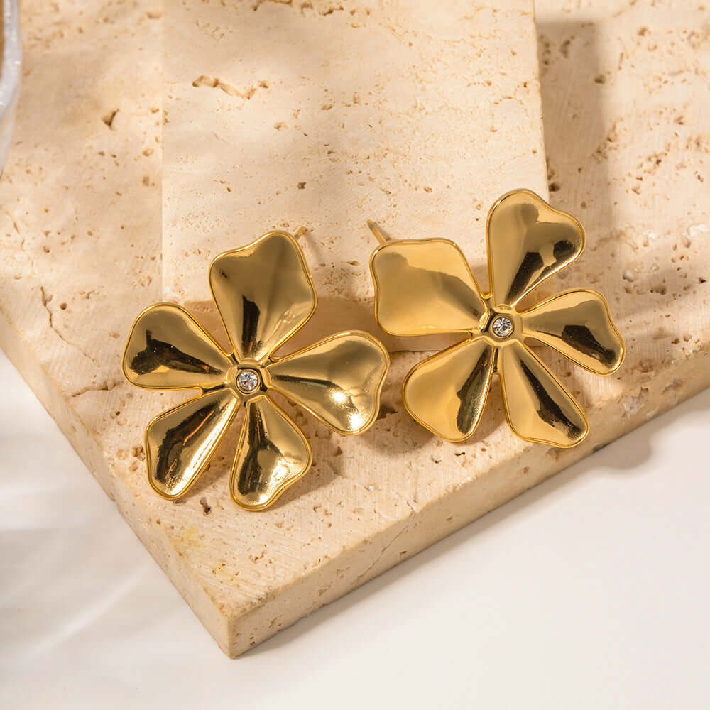 18K Gold Plated Stainless Steel Earrings, Five Leaf Clover Earrings | JDE041