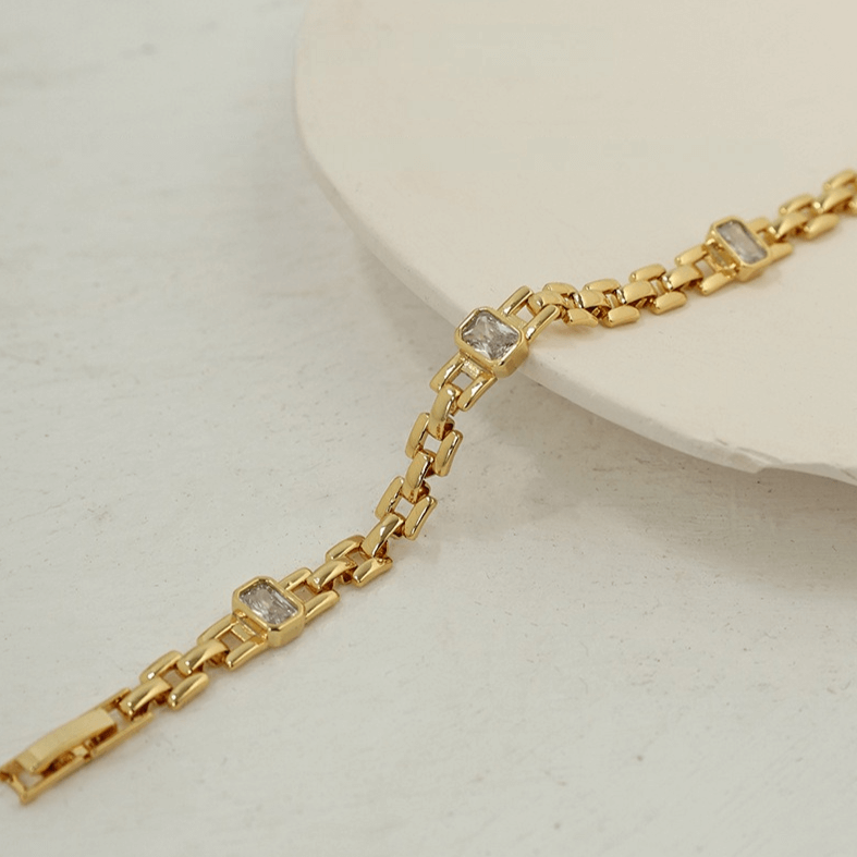 18K Gold CZ Watchband Chain Bracelet