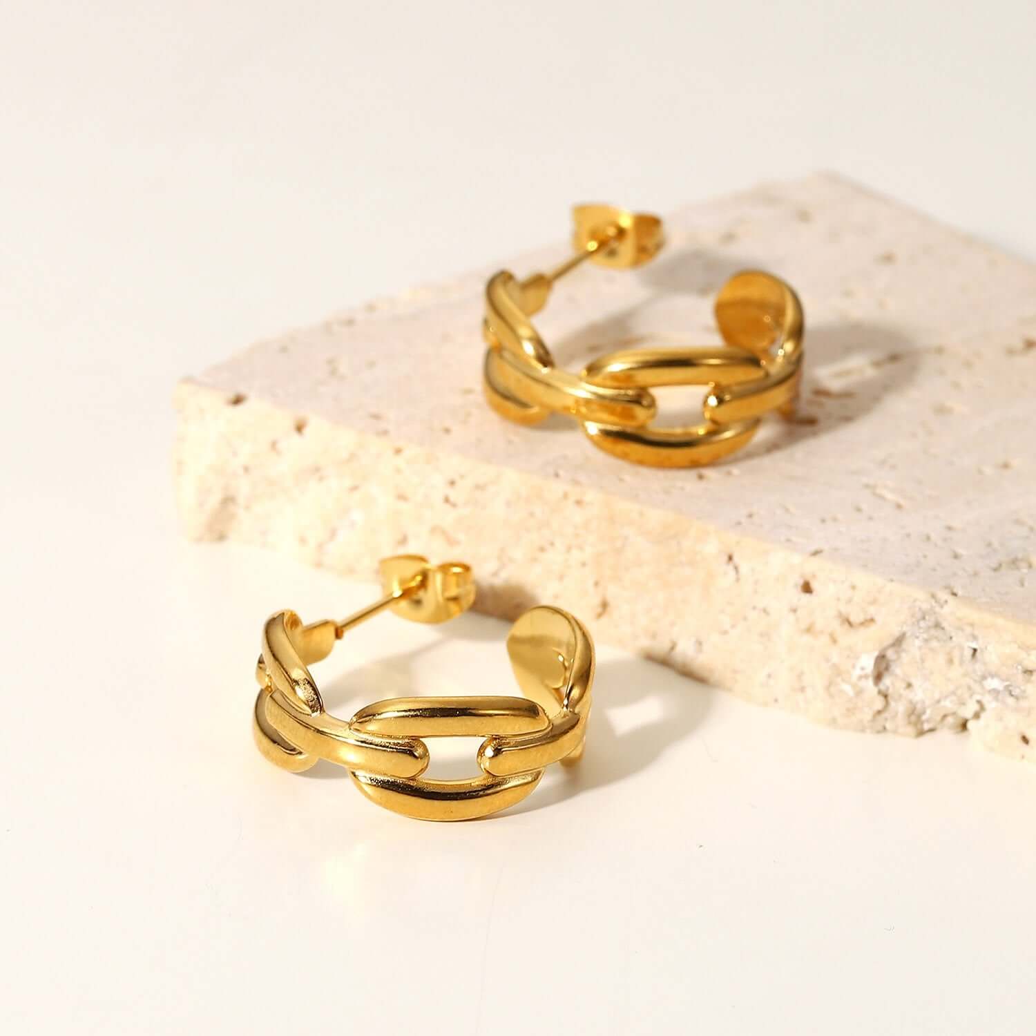 18K Gold Plated Classic Hollow Chain C Hoop Earrings and Ring