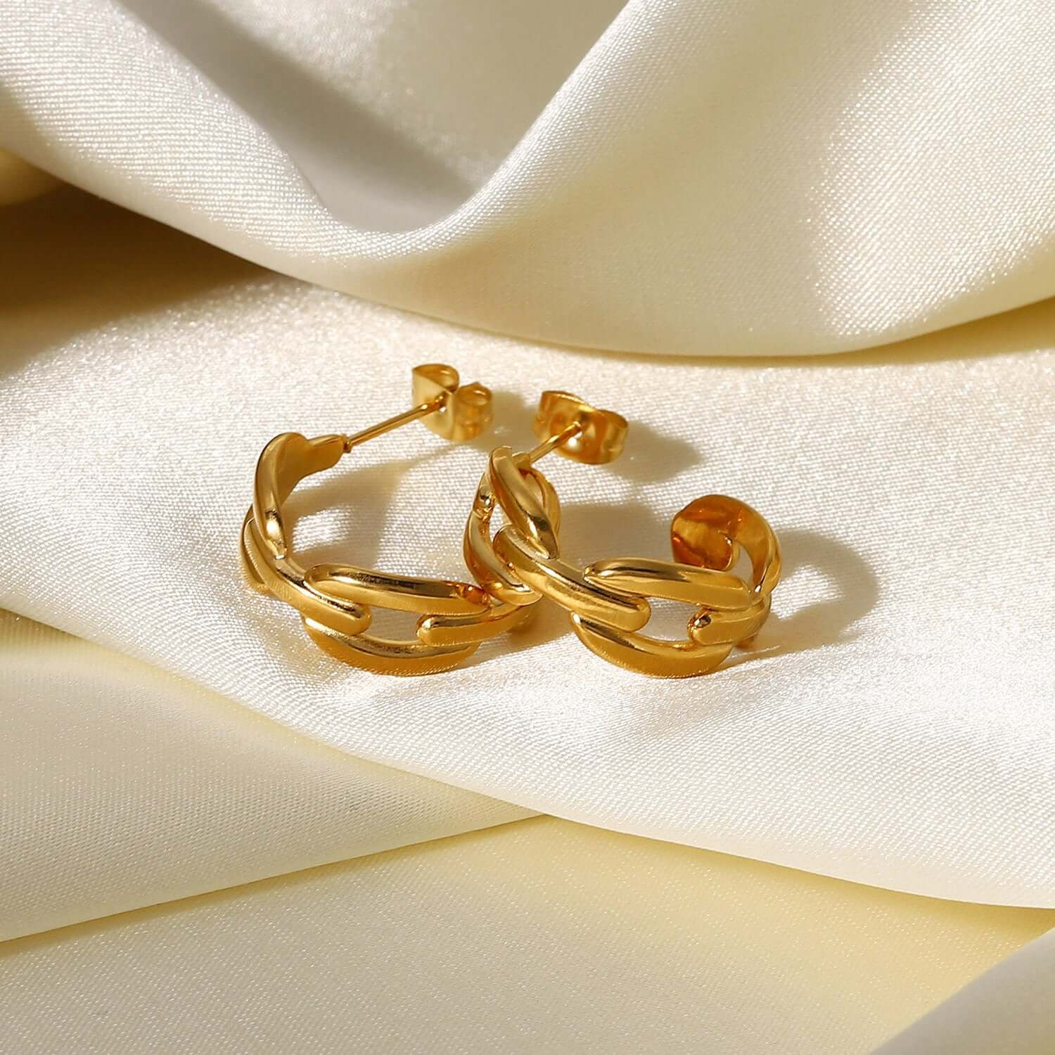 18K Gold Plated Classic Hollow Chain C Hoop Earrings and Ring