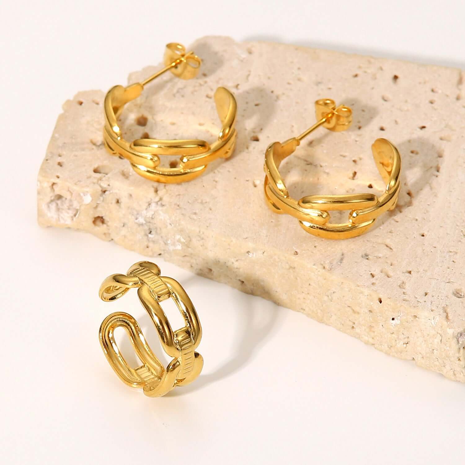 18K Gold Plated Classic Hollow Chain C Hoop Earrings and Ring