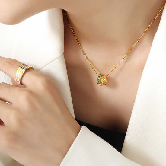 18K Gold Multi Rings Charm Pendant Necklace
