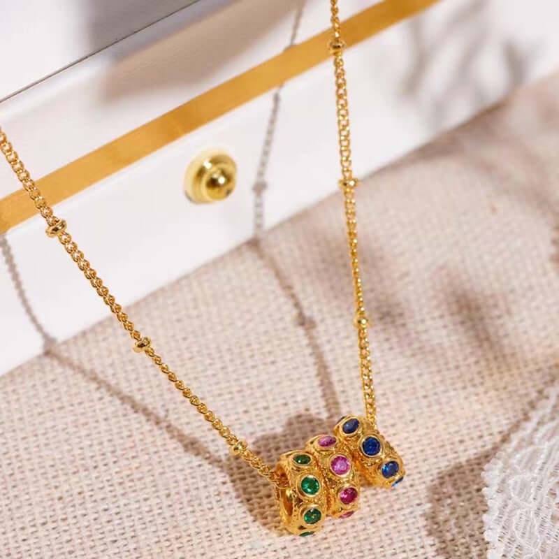 18K Gold Plated Color Rings Charm Necklace