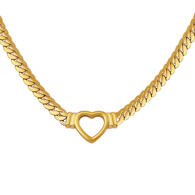 18K Gold Curb Chin Heart Choker Necklace