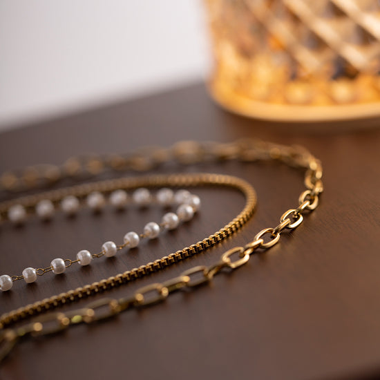 3 Layer Multi Link Chain Necklace with Pearl