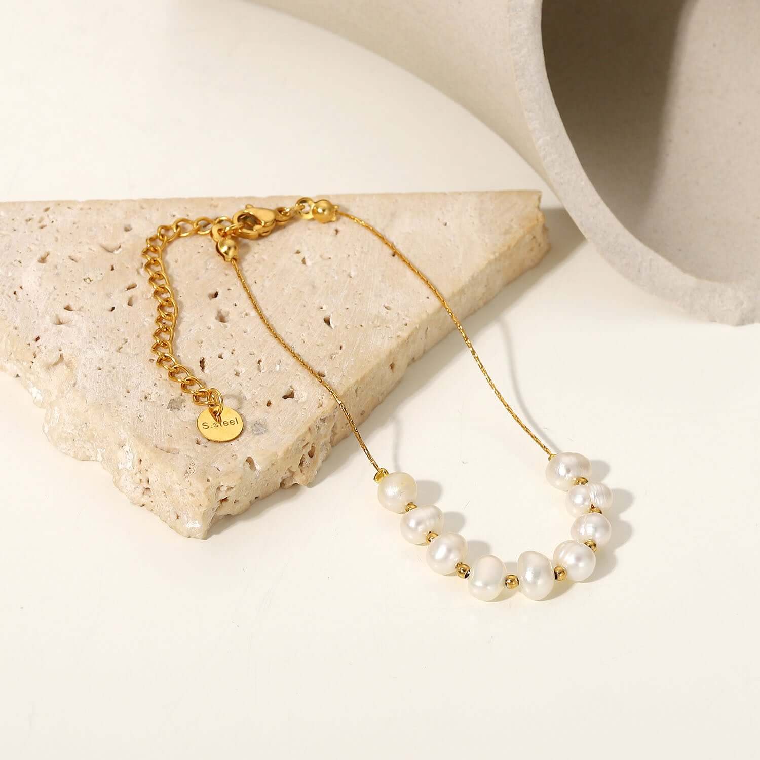 18K Dainty Gold Freshwater Pearl Bracelet, Pearl Chain Bracelet