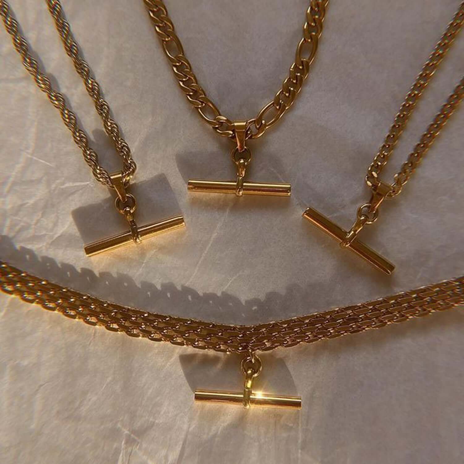 18K Gold Plated Figaro & Rope Chain T Bar Pendant Necklace