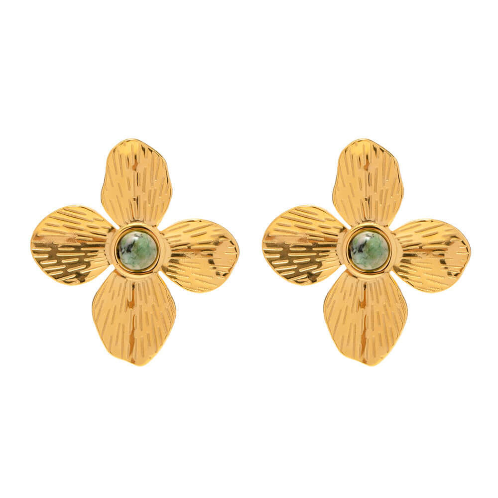 18K Gold Aesthetic Flower Natural Turquoise Stud Earrings | JDE052