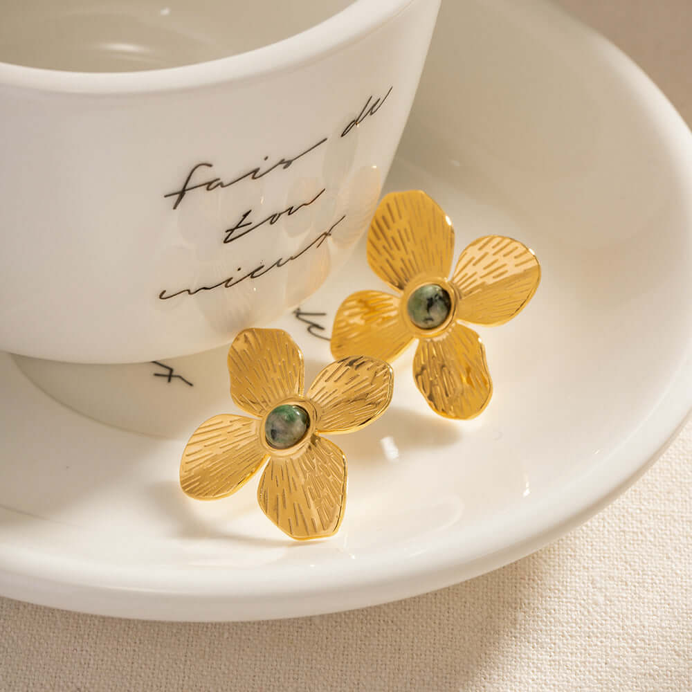 18K Gold Aesthetic Flower Natural Turquoise Stud Earrings | JDE052