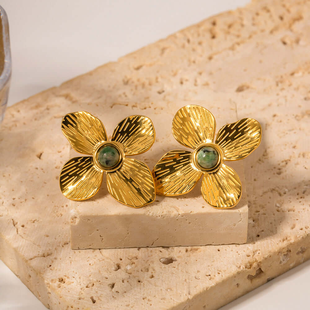 18K Gold Aesthetic Flower Natural Turquoise Stud Earrings | JDE052