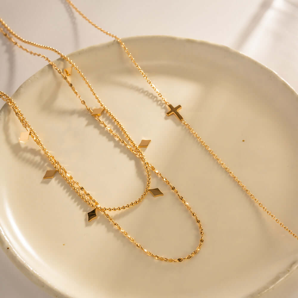 18K Gold Plated Geometric Double Strand Chain Necklace