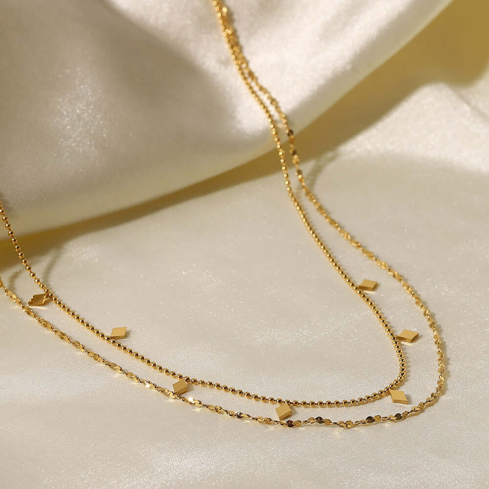 18K Gold Plated Geometric Double Strand Chain Necklace