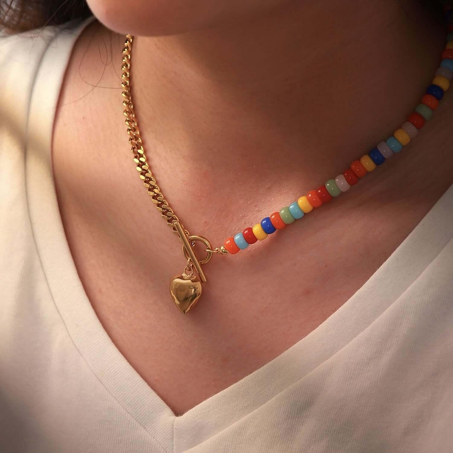 18K Gold Plated Heart Chain Necklace with Coloful Boho Ceramic Beads