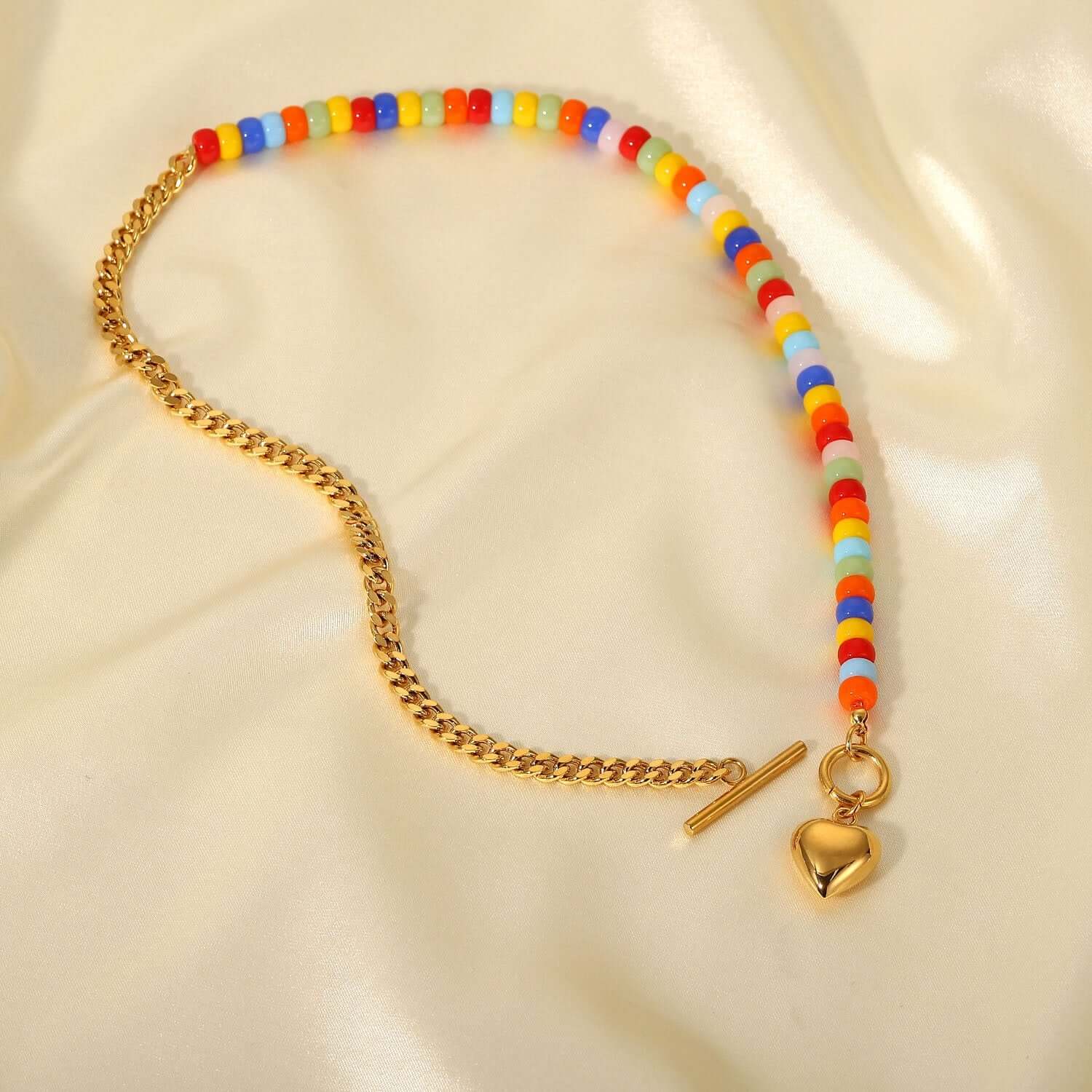 18K Gold Plated Heart Chain Necklace with Coloful Boho Ceramic Beads