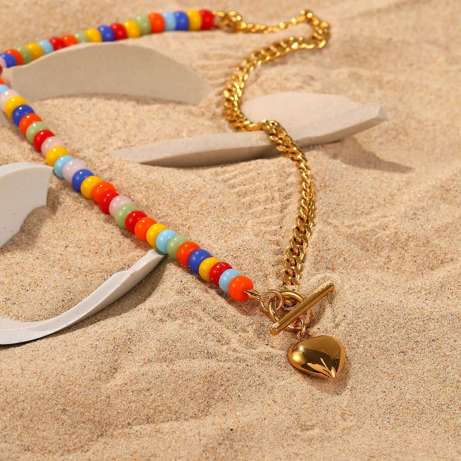 18K Gold Plated Heart Chain Necklace with Coloful Boho Ceramic Beads