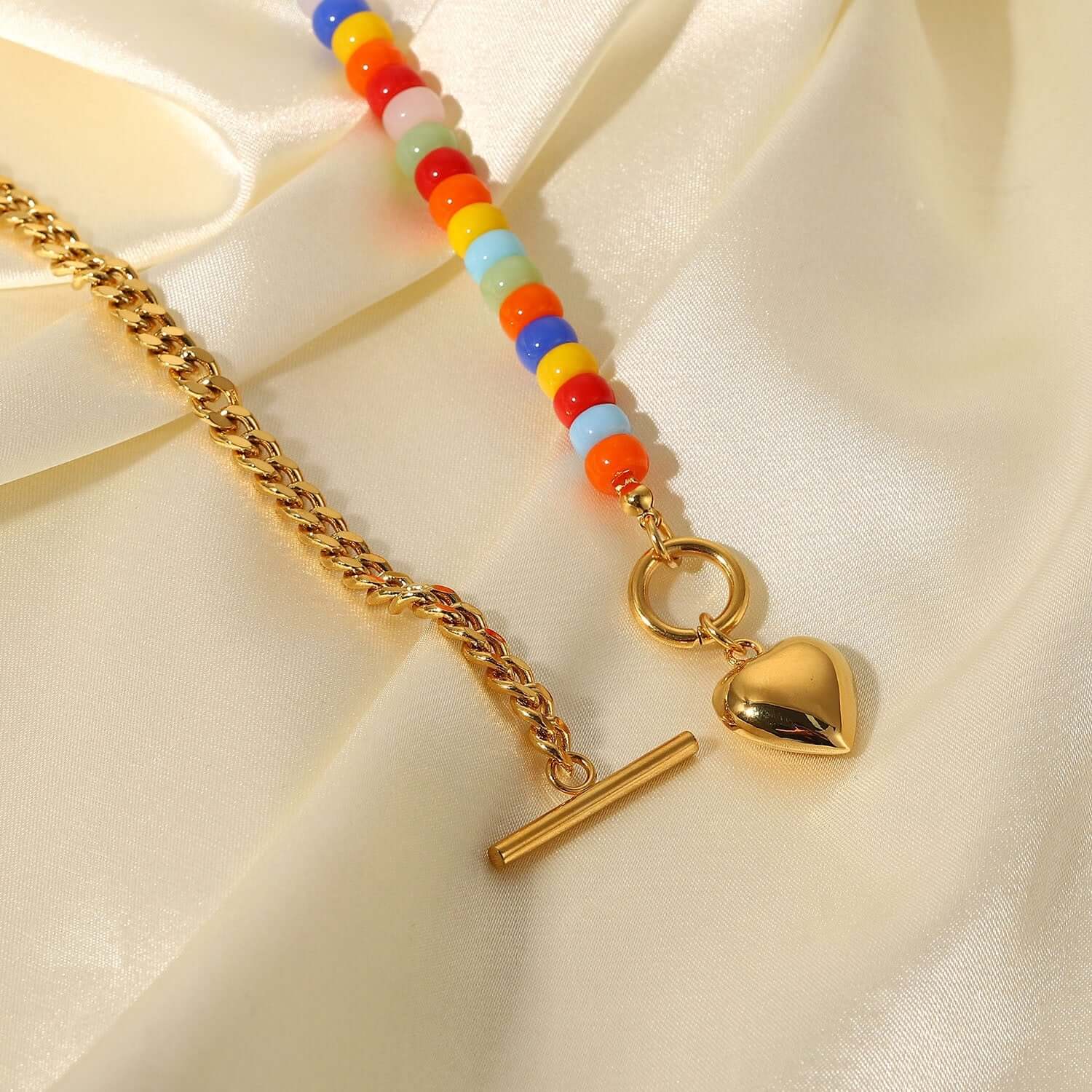 18K Gold Plated Heart Chain Necklace with Coloful Boho Ceramic Beads