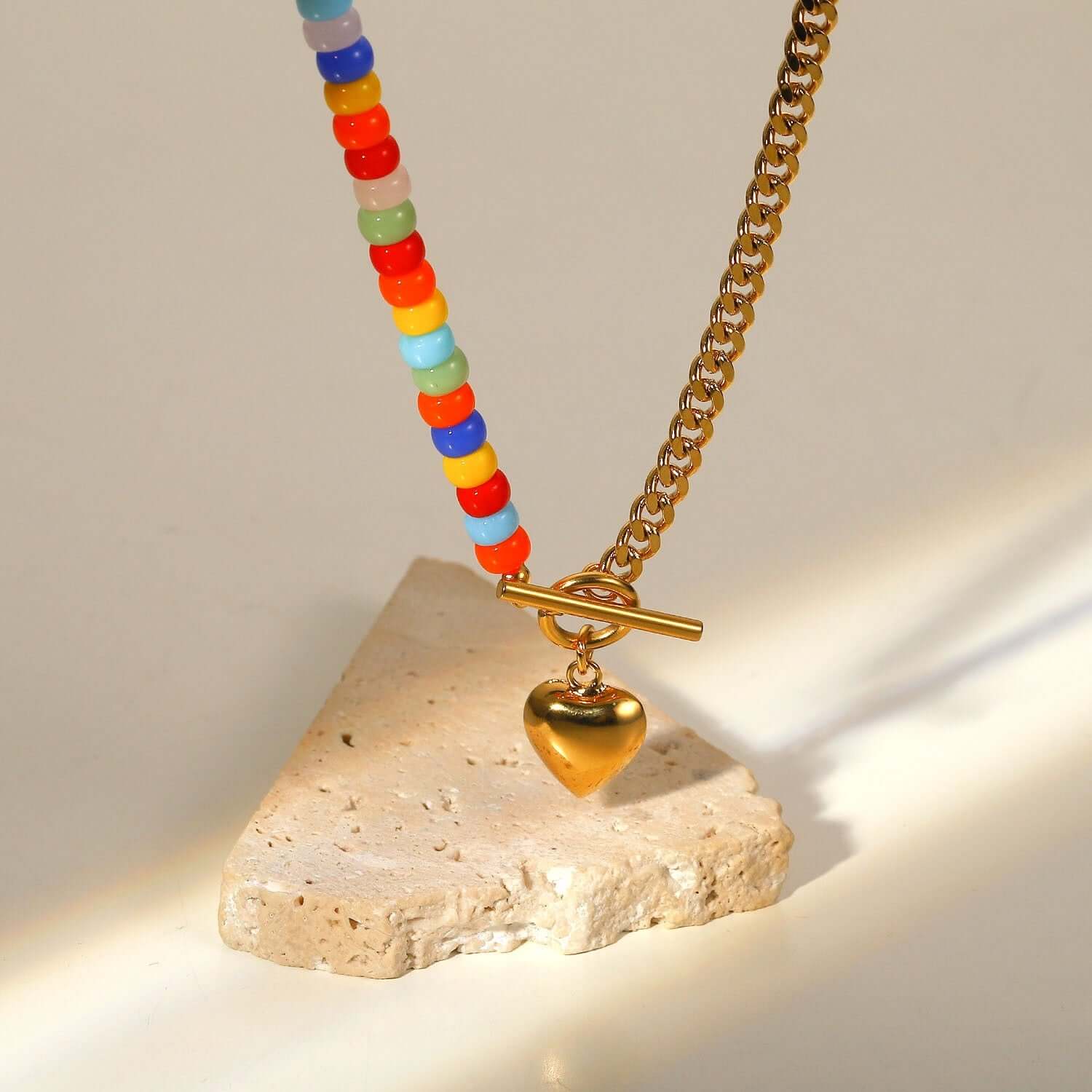 18K Gold Plated Heart Chain Necklace with Coloful Boho Ceramic Beads