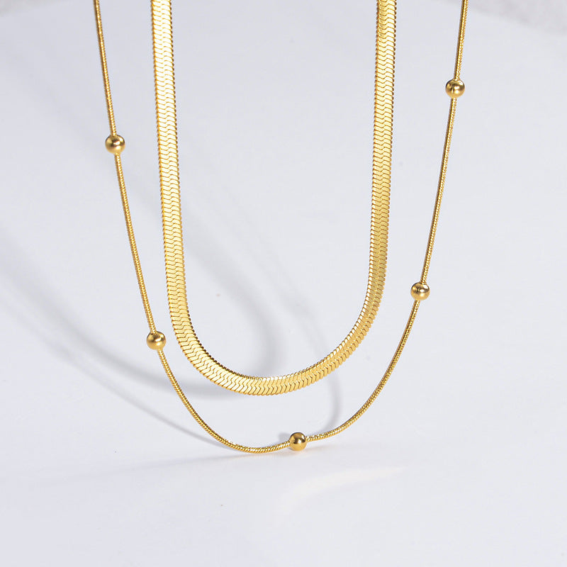 18K Gold Herringbone Chain Choker Necklace Layered