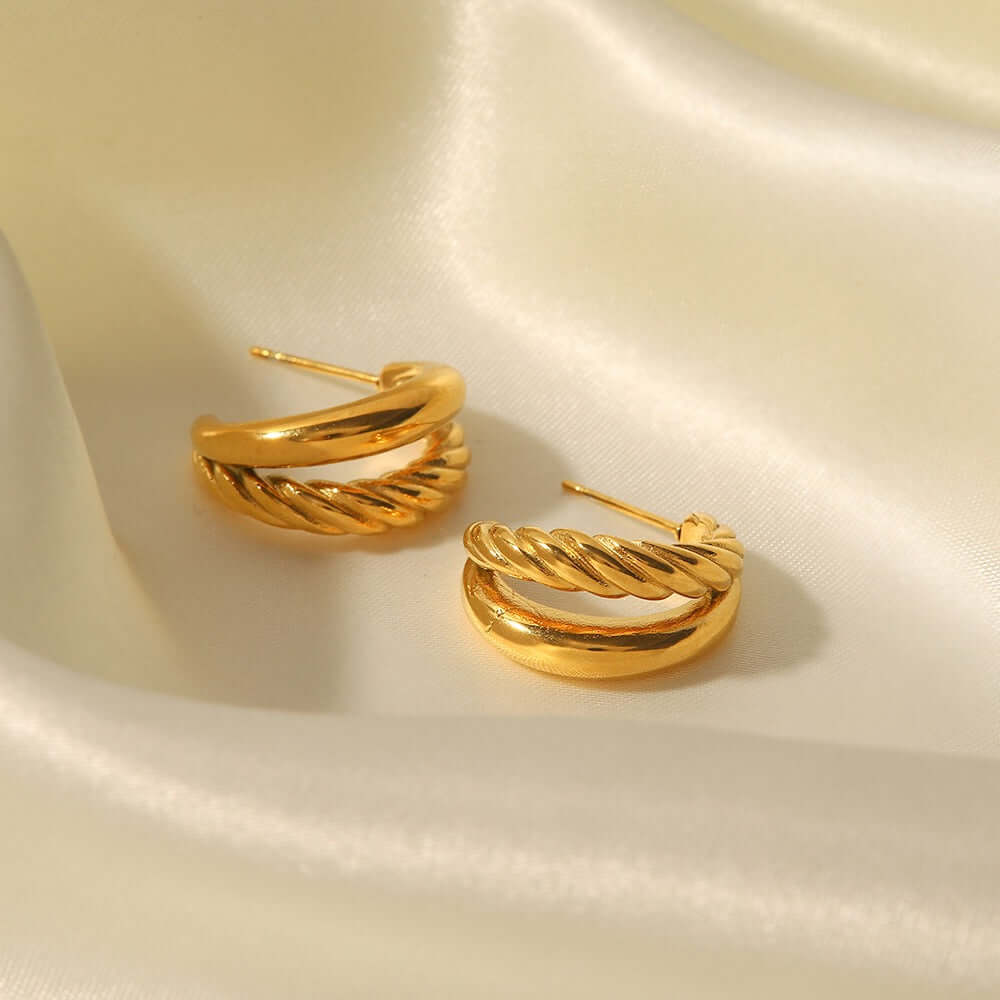 18K Gold Plated Layered Twisted C Hoop Earrings