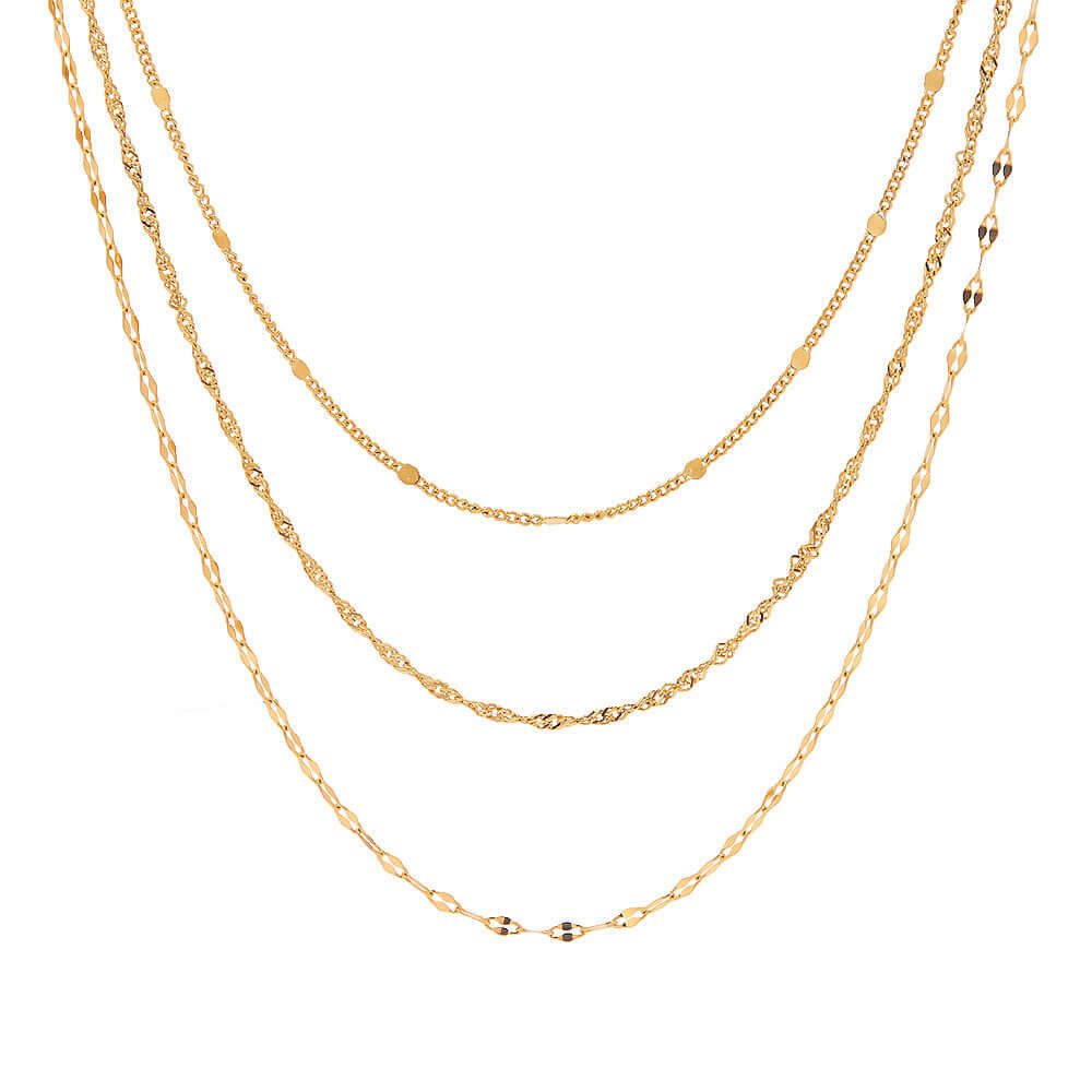 18K Gold Plated Triple Strand Lip & Cable Chain Necklace