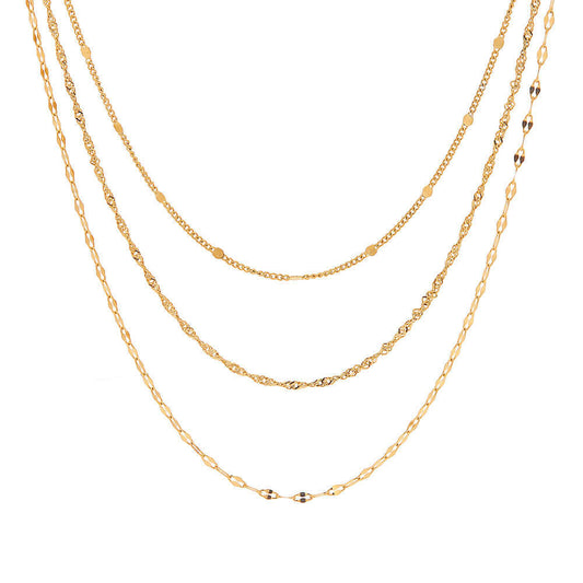 18K Gold Plated Triple Strand Lip & Cable Chain Necklace