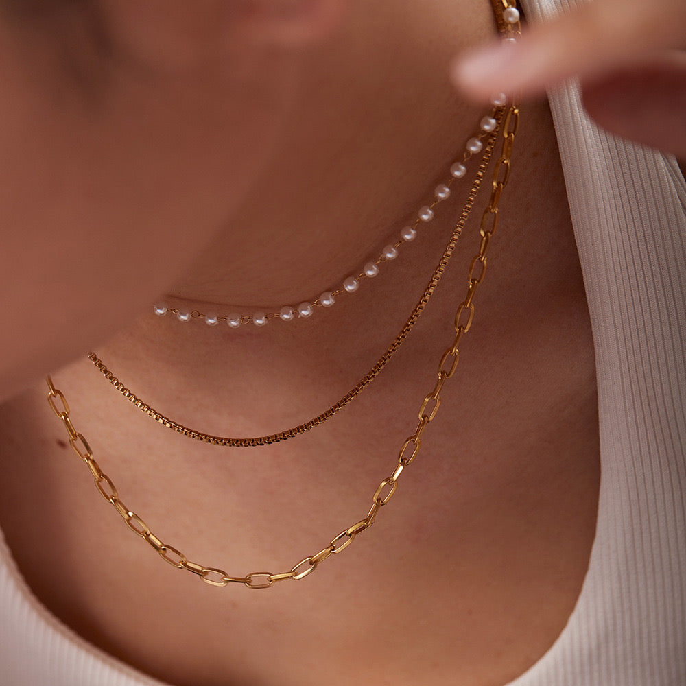 18K Gold 3 Layer Multi Chain Necklace with Pearl