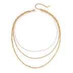 18K Gold 3 Layer Multi Chain Necklace with Pearl