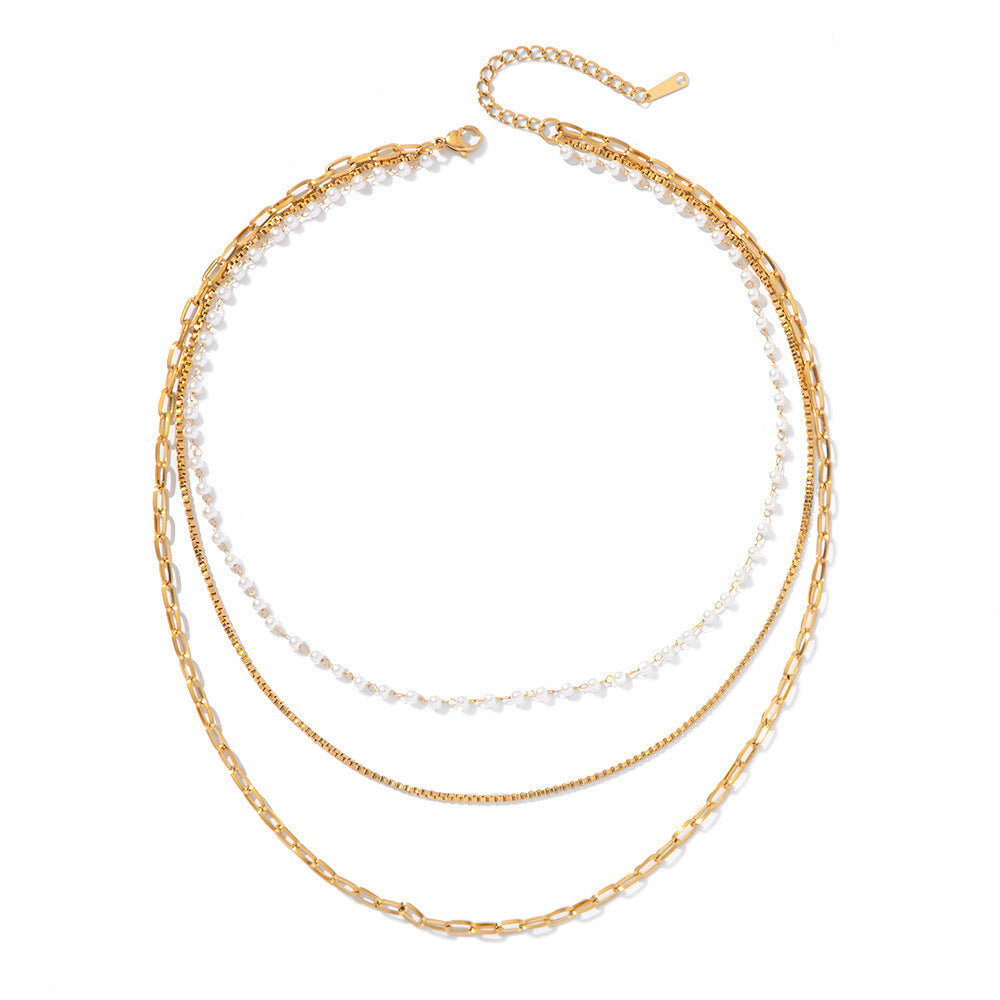 18K Gold 3 Layer Multi Chain Necklace with Pearl