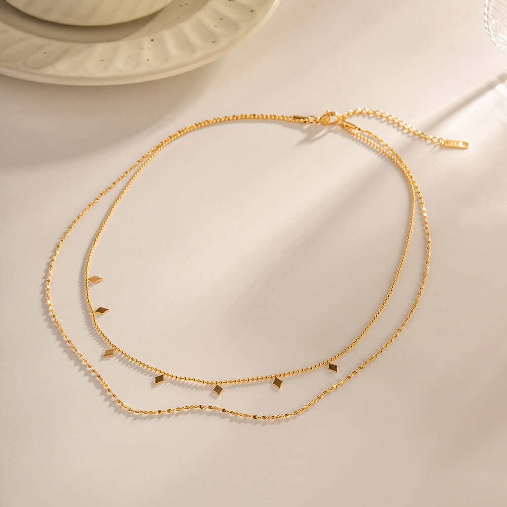 18K Gold Plated Geometric Double Strand Chain Necklace