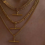 18K Gold Plated Figaro & Rope Chain T Bar Pendant Necklace