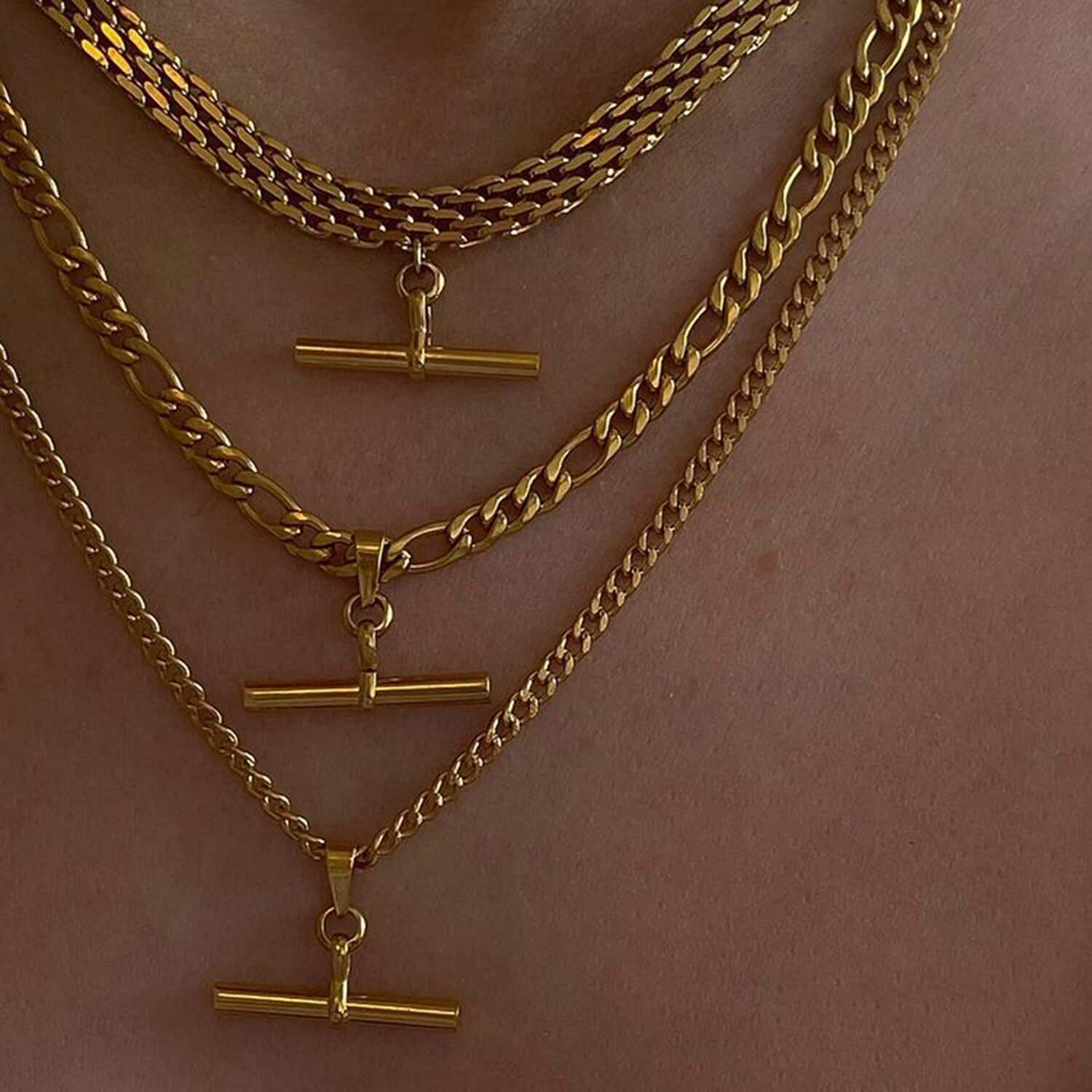 18K Gold Plated Figaro & Rope Chain T Bar Pendant Necklace