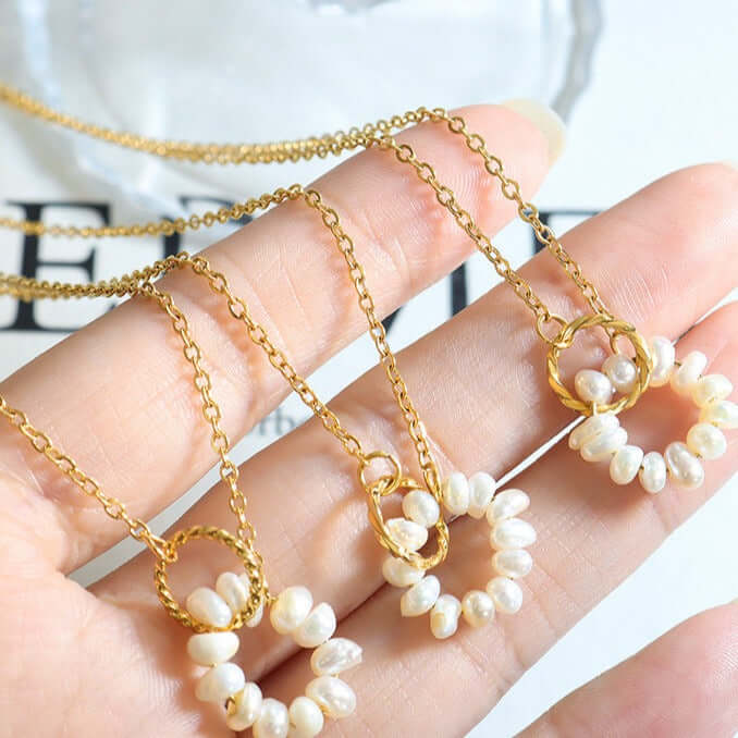 18K Gold Freshwater Pearl Connected Chain Necklace 